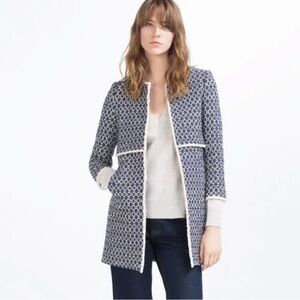Zara- Viral “That Coat” Navy and White Tweed Long Sleeve Open Front Jacket